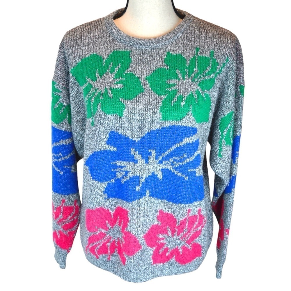 Vintage‎ Kate Collins Acrylic Hibiscus Flower Crew Neck Sweater, Loose Fit